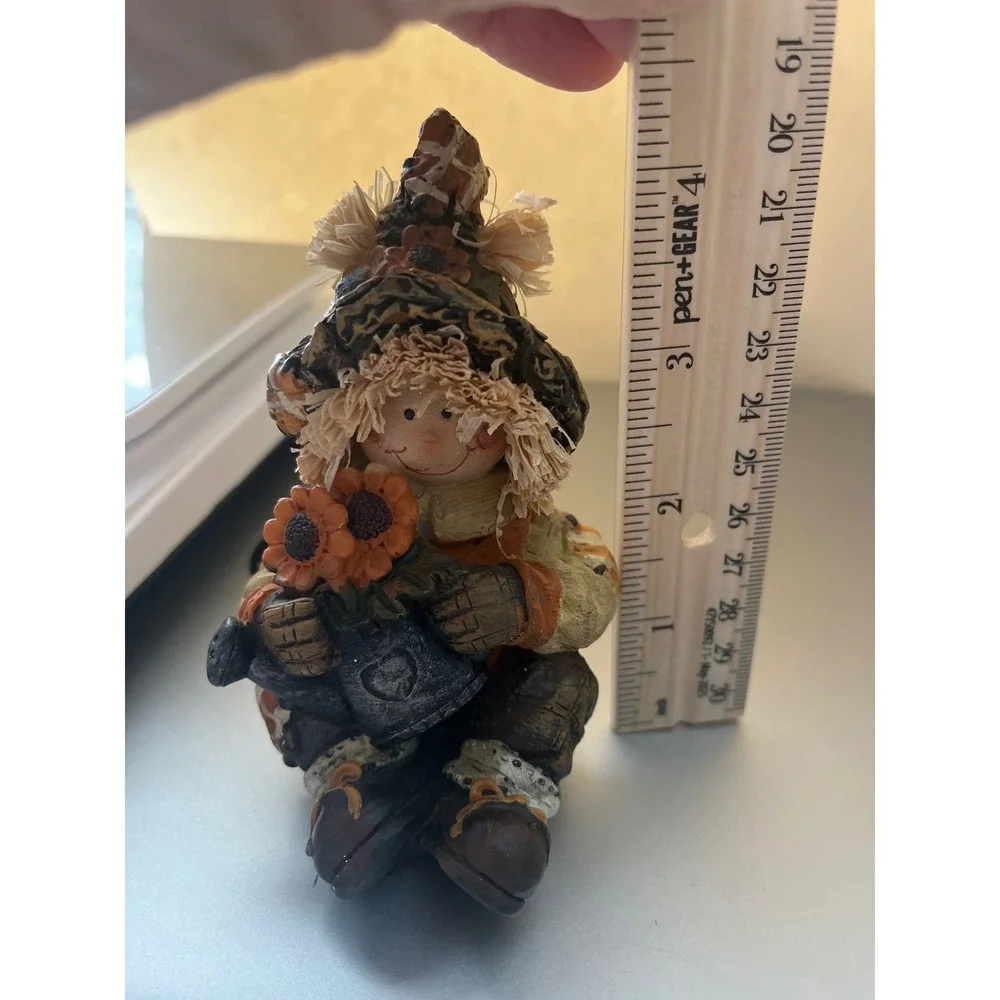 Harvest Scarecrow Figurine Sunflowers Watering Can Fall Decor Resin 4 Inch